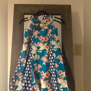 Kids Floral and Fish Print Dress - Blue and Orange